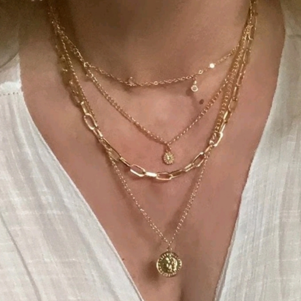 💖 2/$30 Chunky layered necklaces Gold coin pendant Boho multi chain link stars - Picture 8 of 8